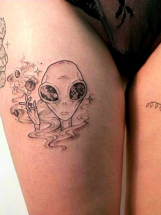 Cosmic Chill Alien Tattoo, a tattoo design rendered in sketch-style for the back.
