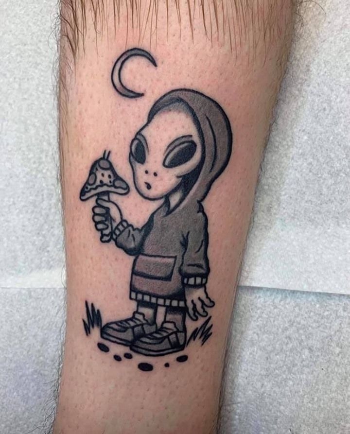 Hoodie Alien with Mushroom Tattoo, a tattoo design rendered in clean detailed linework.