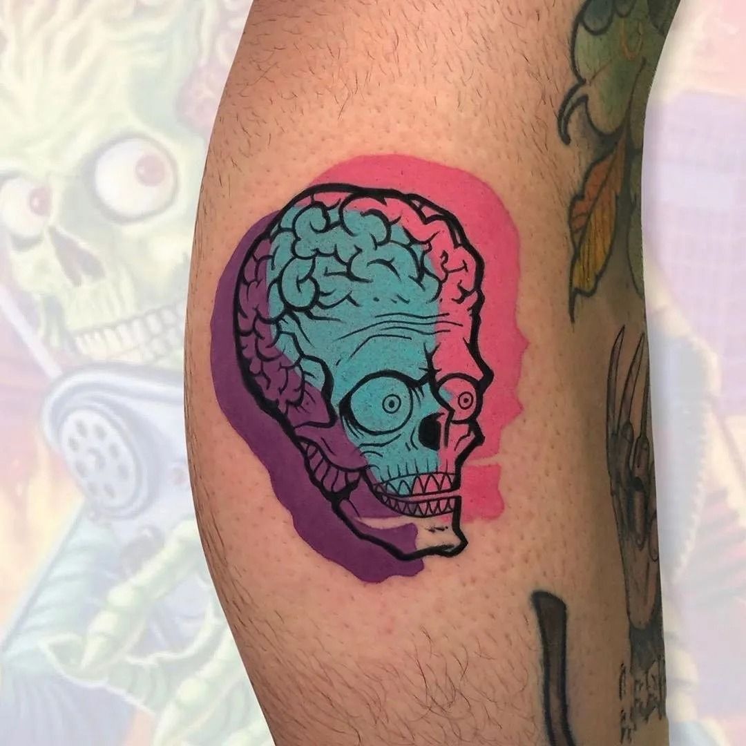 Mars Attacks Color Skull Tattoo, a tattoo design rendered in clean detailed linework for the rib.