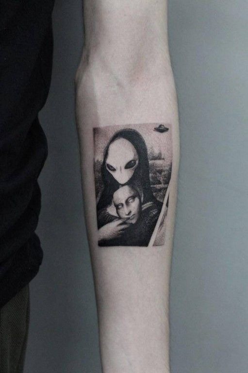 Mona Lisa Alien Parody Tattoo, a tattoo design rendered in clean detailed linework.