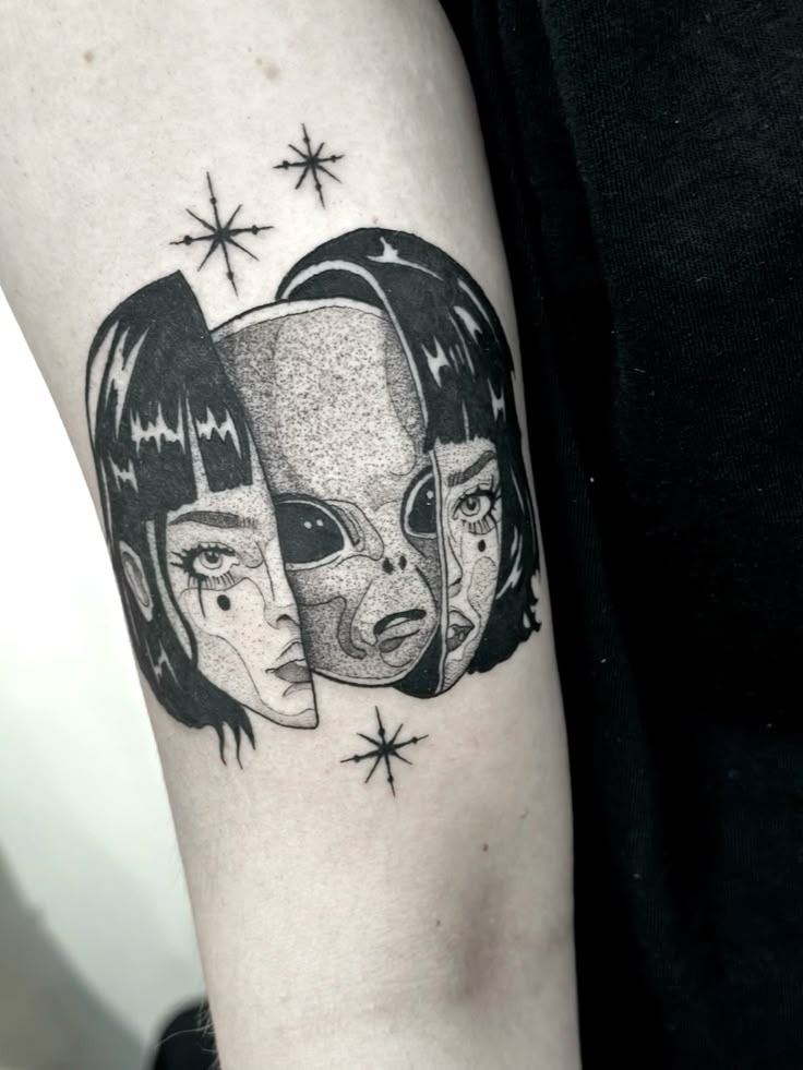 Shapeshifter Alien Girl Tattoo, a tattoo design rendered in clean detailed linework.