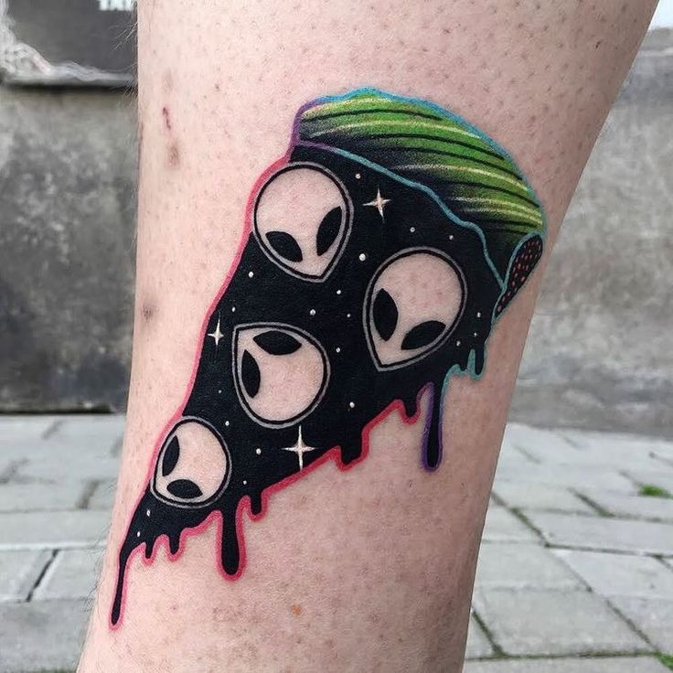 Space Pizza Alien Slice Tattoo, a tattoo design rendered in clean detailed linework.