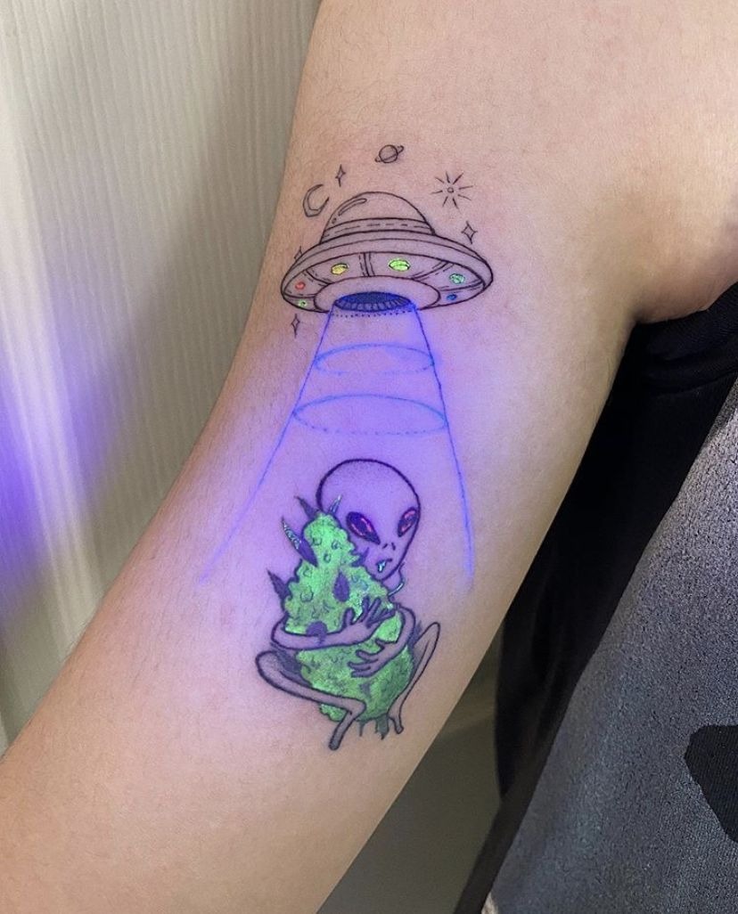 UV Alien Hug Tattoo, a tattoo design rendered in clean detailed linework.