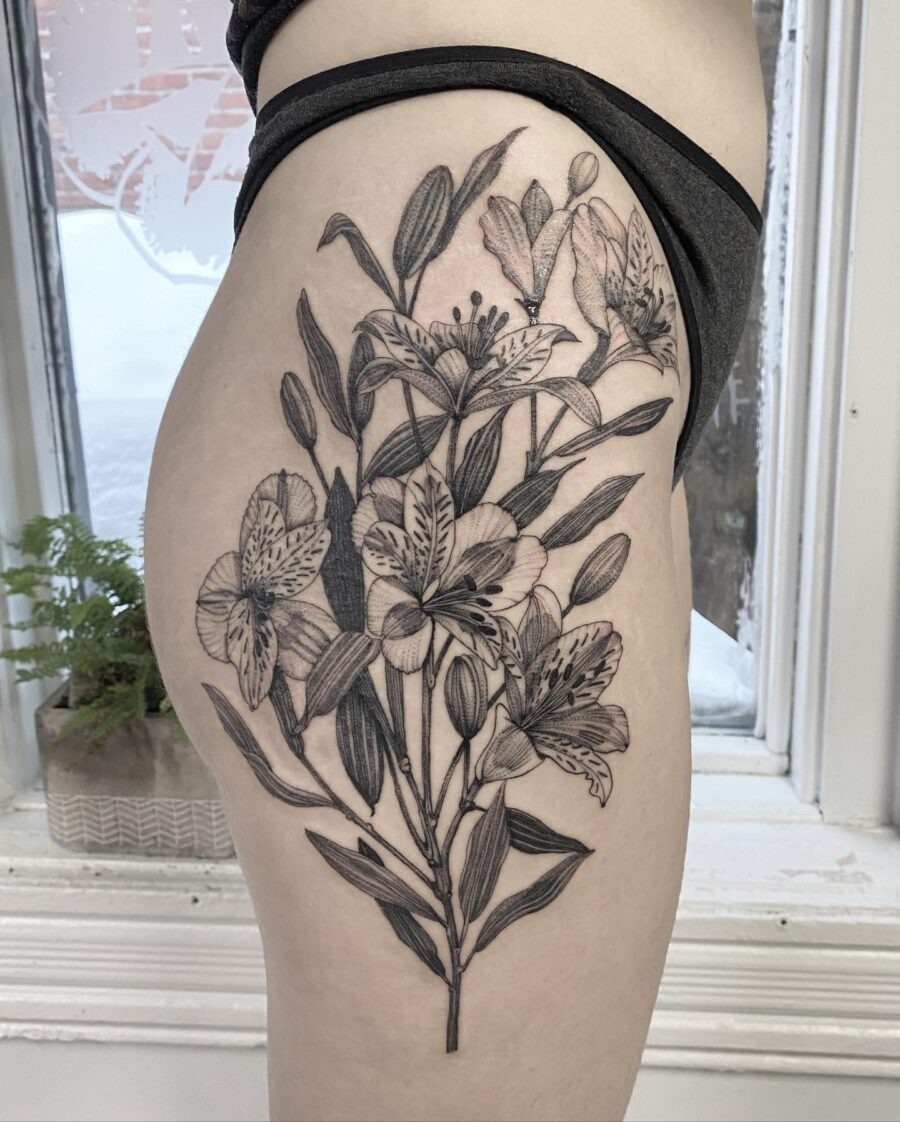 Elegant Alstroemeria Tattoo on Thigh Tattoo Design