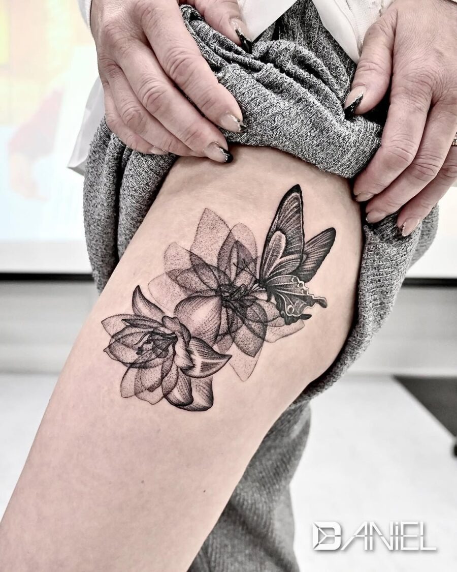 Delicate Amaryllis and Butterfly Tattoo Design Tattoo Design