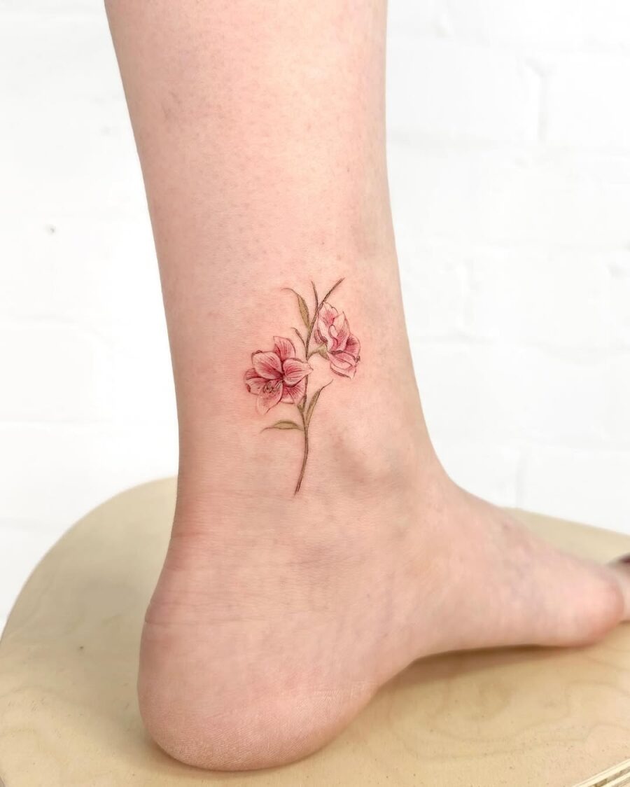 Delicate Amaryllis Tattoo on Ankle Tattoo Design