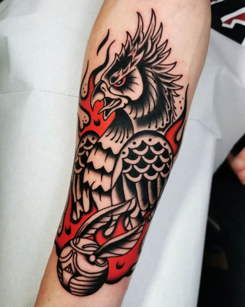 American traditional lady head tattoo with raven curls and ornate feather headdress