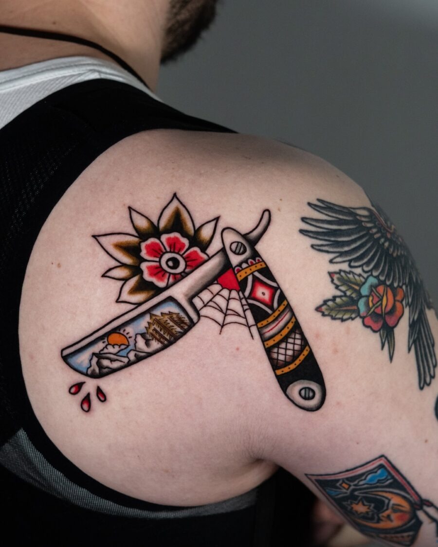 Bold Americana tattoo with razor and flowers Tattoo Design