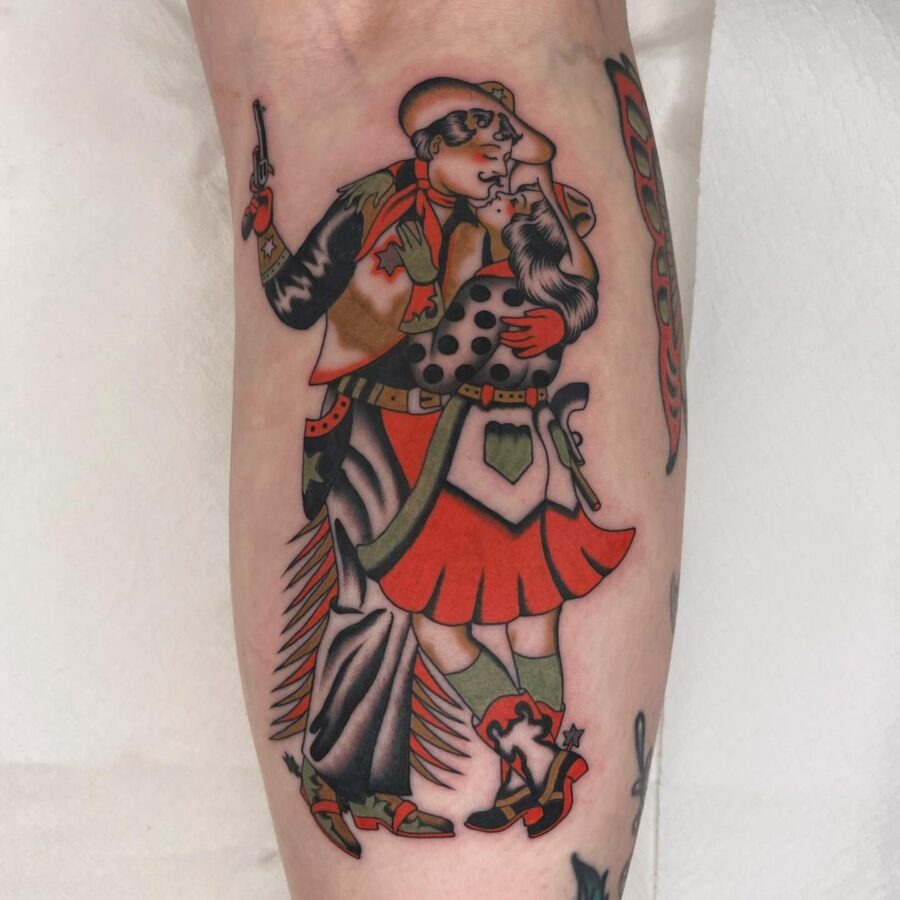 Classic Americana Tattoo of Cowboy and Dancer Tattoo Design