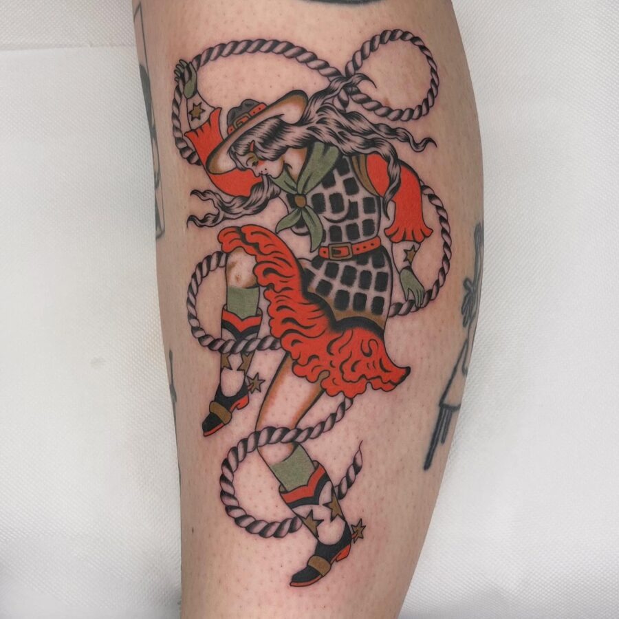 Colorful Americana tattoo featuring a dancing cowgirl Tattoo Design