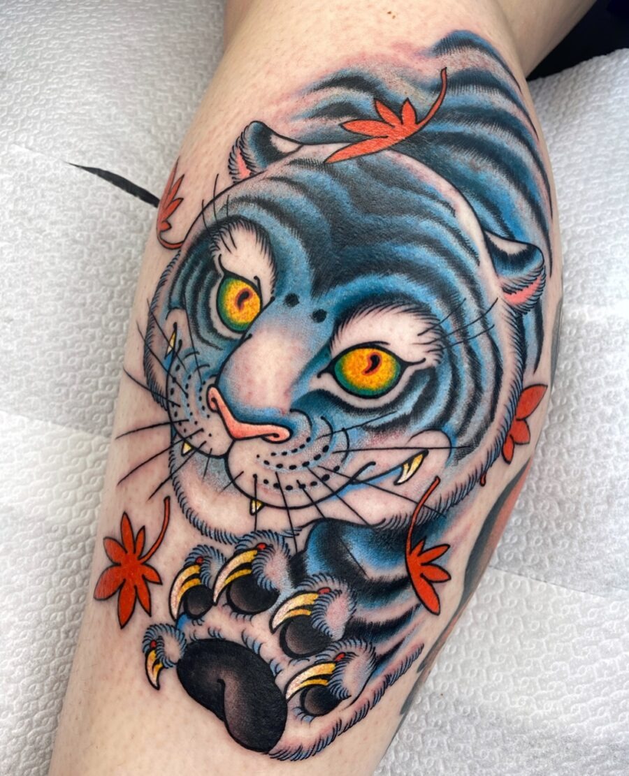 Colorful blue striped tiger tattoo design Tattoo Design