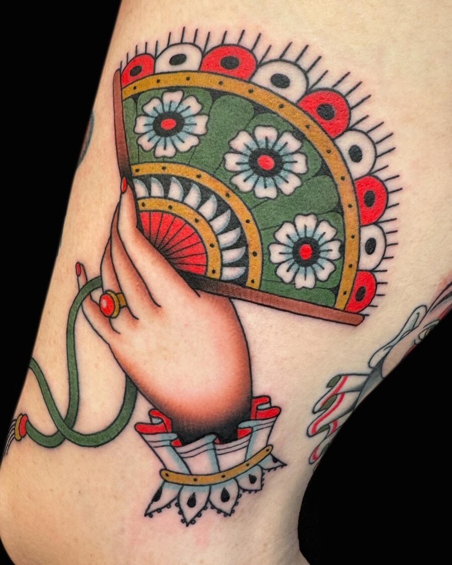 Colorful hand fan tattoo with floral designs Tattoo Design