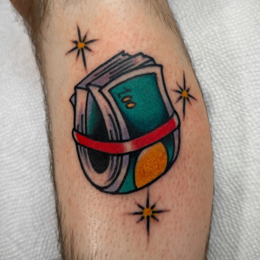 Colorful tattoo featuring bundles of cash Tattoo Design