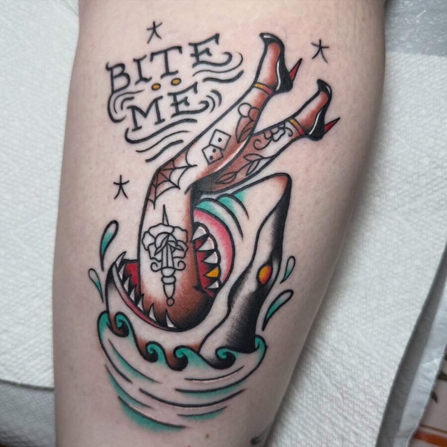 Dynamic shark and pinup tattoo with fierce vibes Tattoo Design