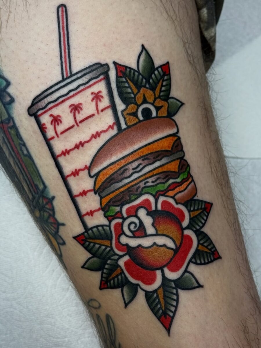 Playful Americana-style burger and drink tattoo Tattoo Design