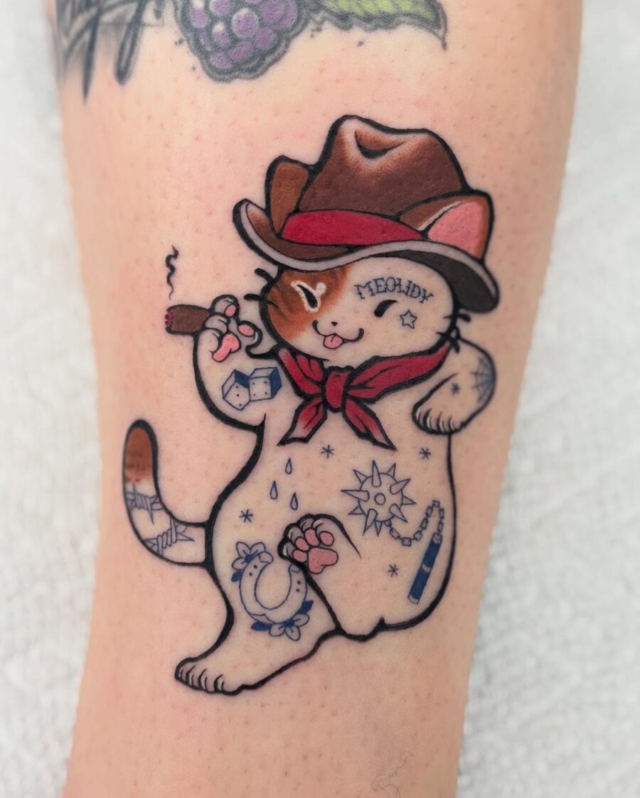 Playful cat showcasing Americana tattoo style Tattoo Design