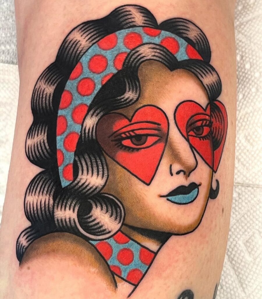 Retro-inspired Americana tattoo with heart motifs Tattoo Design