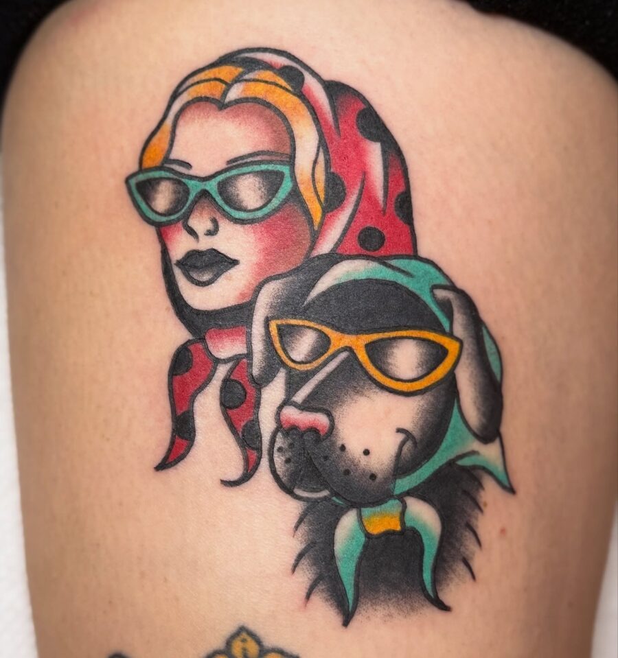 Stylish girl and dog sporting retro sunglasses Tattoo Design