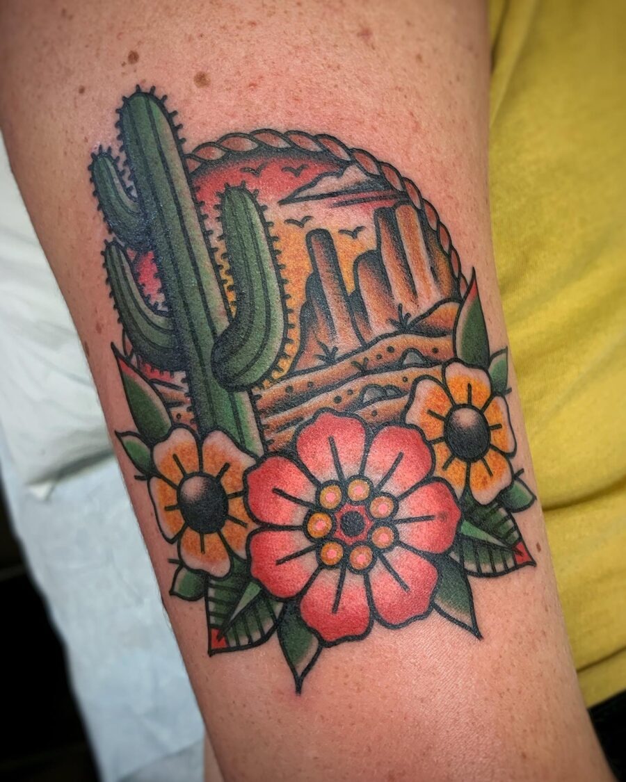 Vibrant Americana Cactus and Floral Tattoo Design Tattoo Design