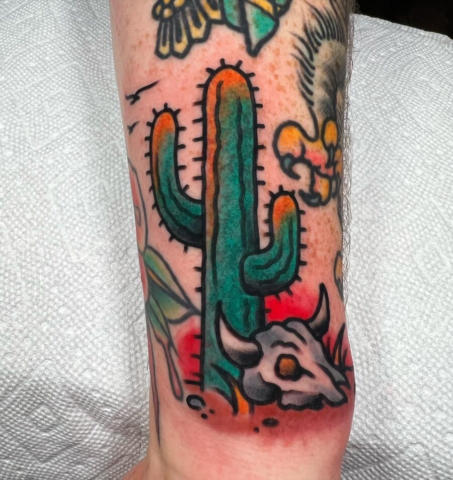 Vibrant Americana cactus and skull tattoo design Tattoo Design