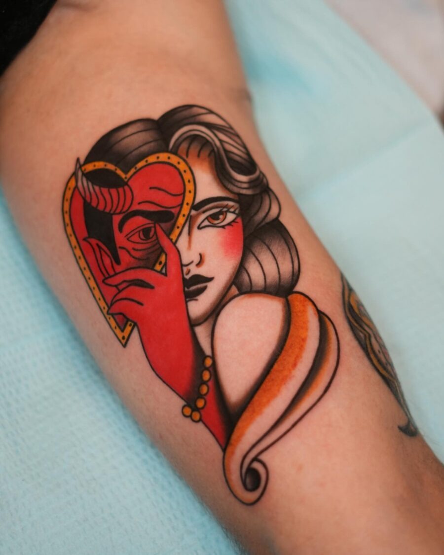 Vibrant Americana Heart Tattoo with Dual Faces Tattoo Design