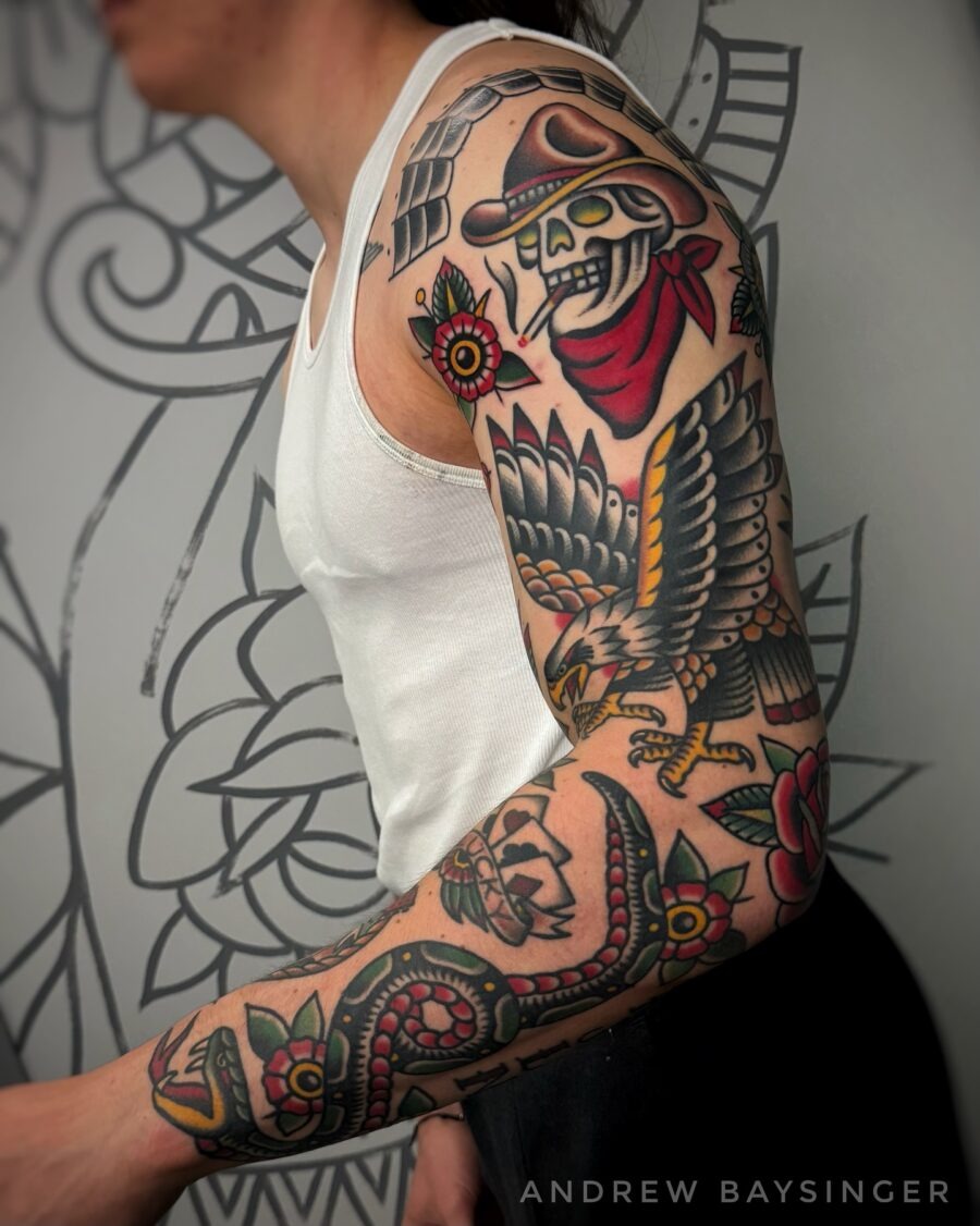 Vibrant Americana tattoo showcasing skull and eagle Tattoo Design