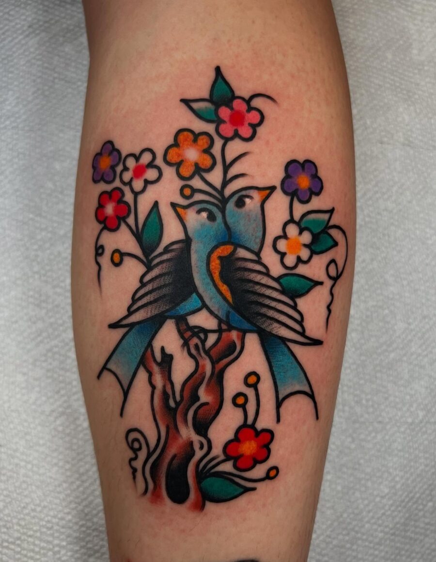 Vibrant Americana Tattoo with Birds and Flowers Tattoo Design
