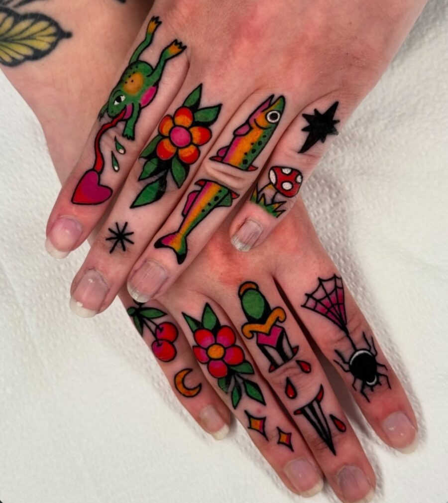 Vibrant Americana tattoos on colorful hands Tattoo Design