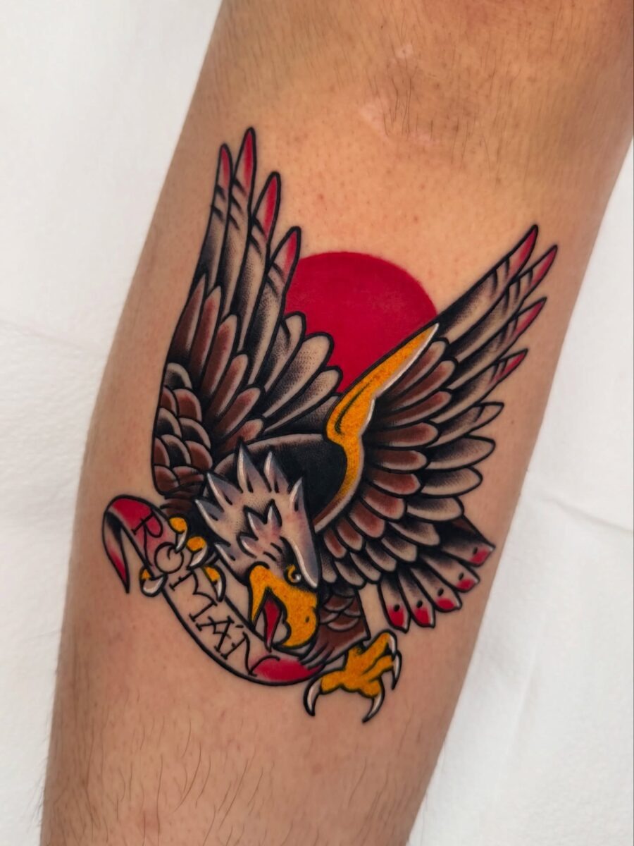 Vibrant eagle tattoo with sunset background Tattoo Design