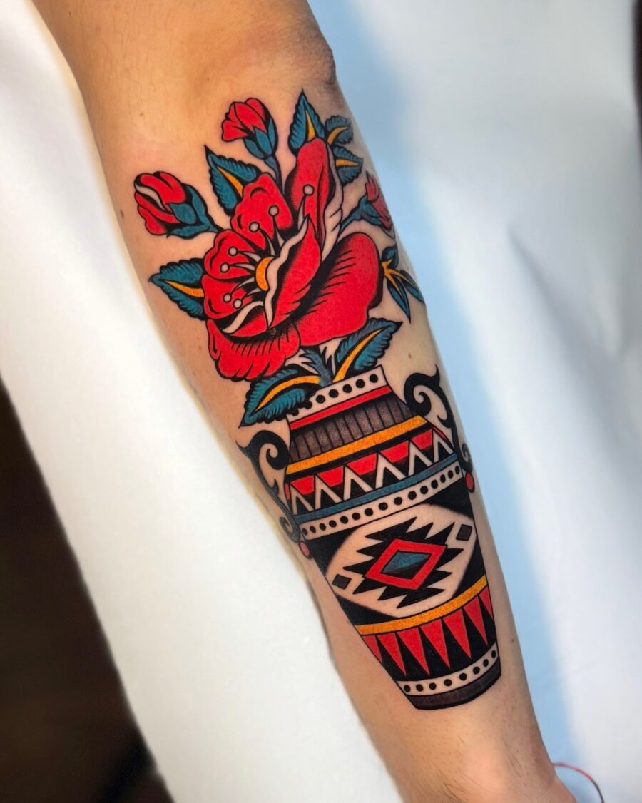 Vibrant floral vase Americana tattoo inspiration Tattoo Design