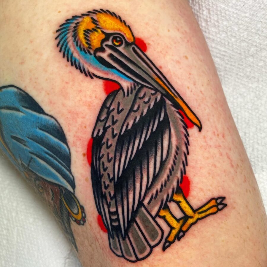Vibrant Pelican Tattoo with Americana Flair Tattoo Design