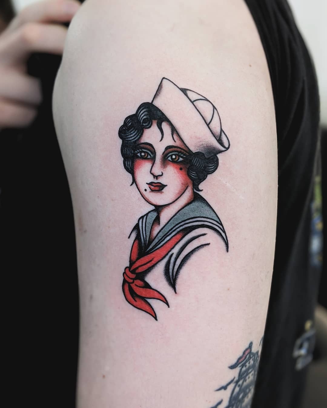 Vintage sailor girl tattoo with classic elements Tattoo Design