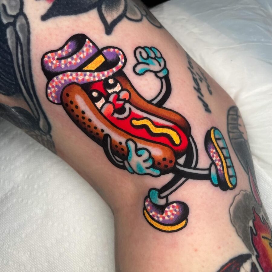 Whimsical hot dog character tattoo with vibrant colors Tattoo Design