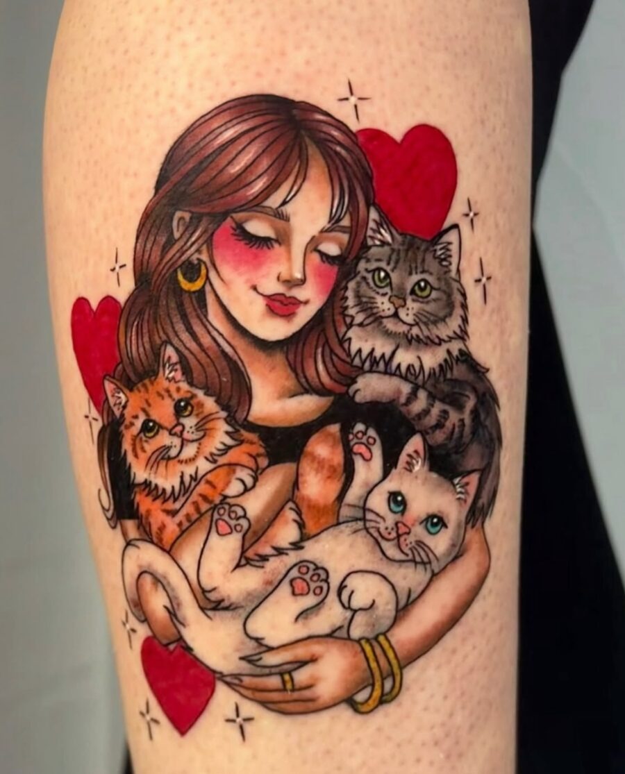 Whimsical tattoo of a cat lover Tattoo Design