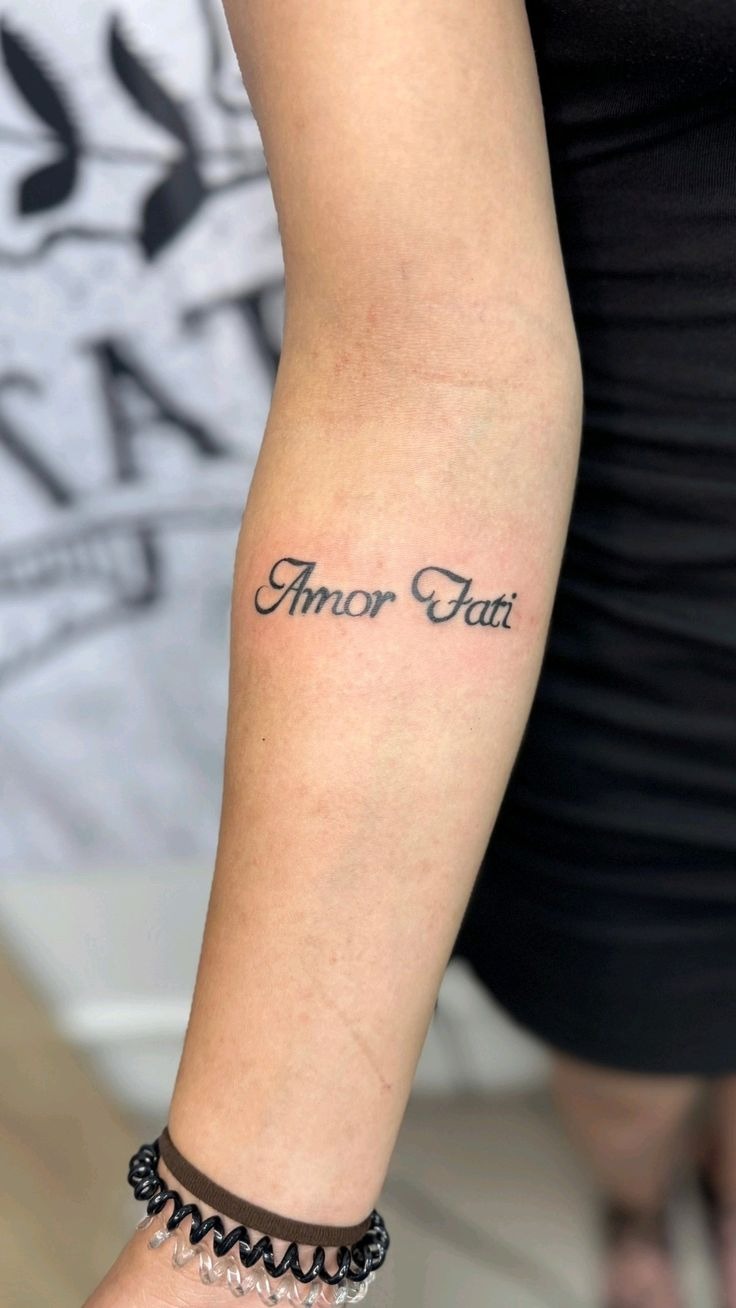 Classic Script Amor Fati Inner Arm Tattoo Tattoo Design