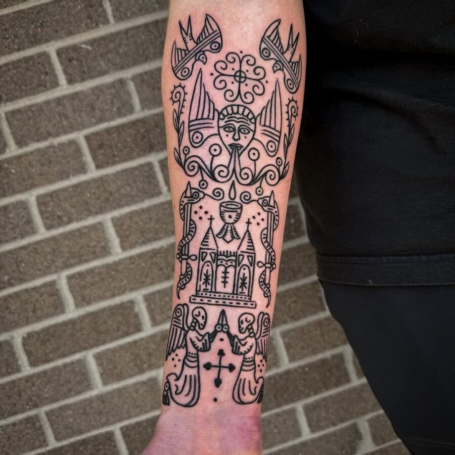 Intricate ancient symbols inked in modern style Tattoo Design