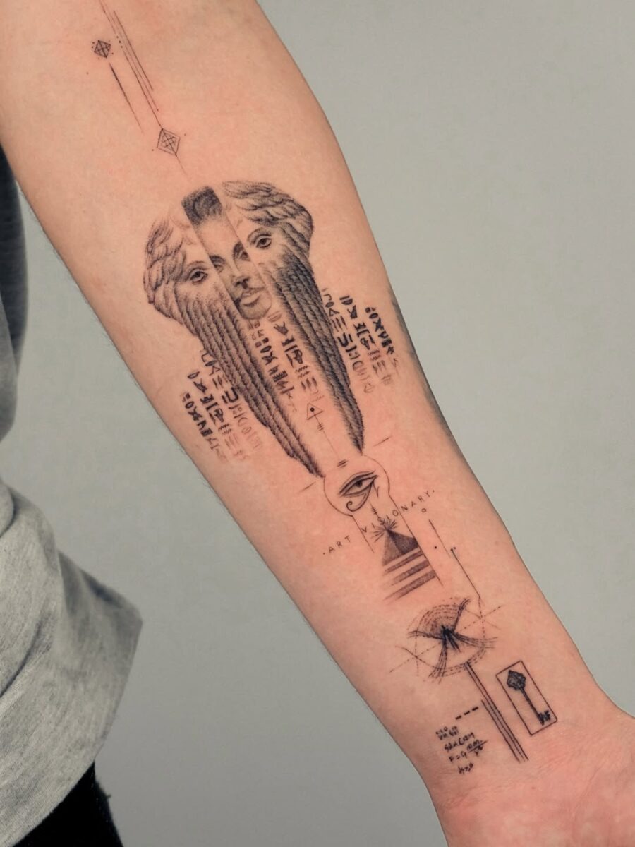 Intricate tattoo merging faces and geometric shapes Tattoo Design