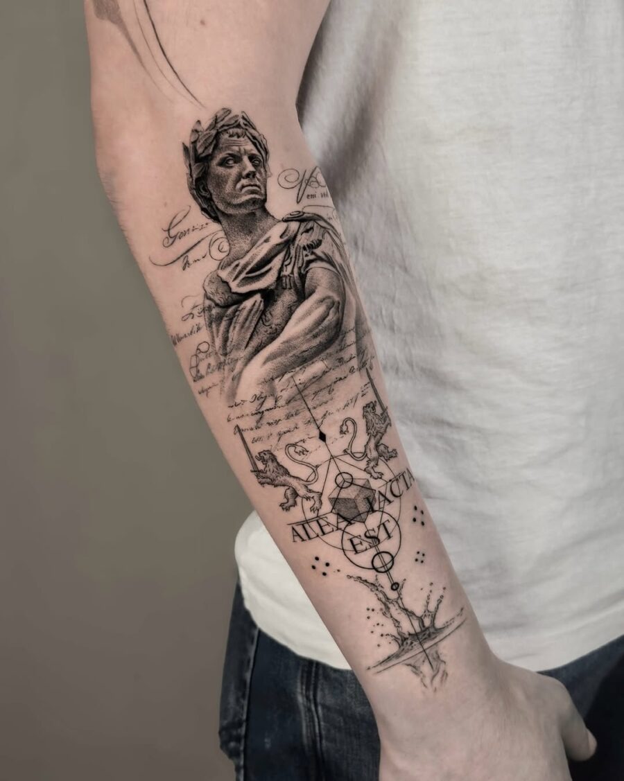 Intriguing ancient-themed tattoo with statue and text Tattoo Design