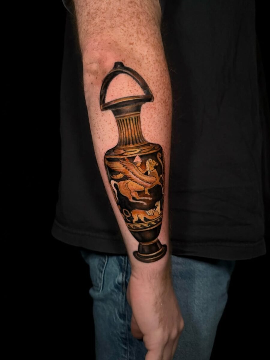 Stunning ancient vase tattoo design on arm Tattoo Design