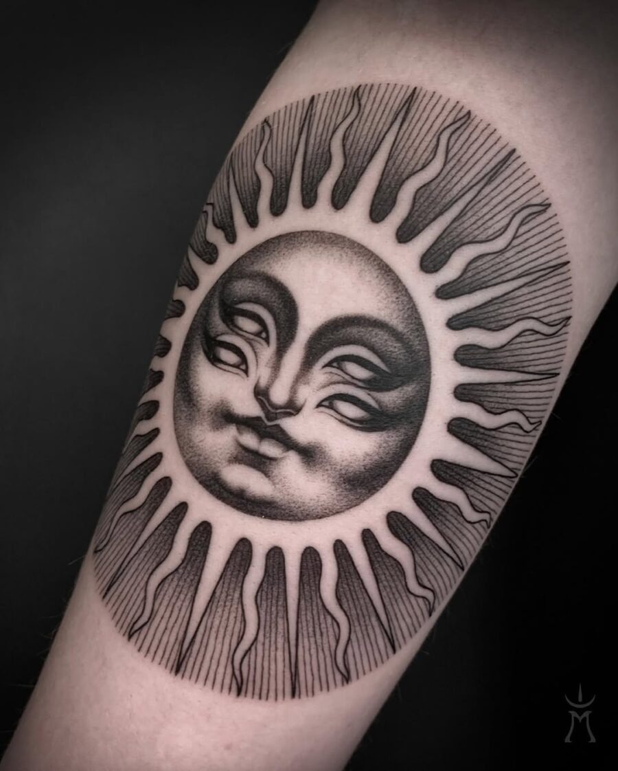 Stunning blackwork sun face tattoo design Tattoo Design