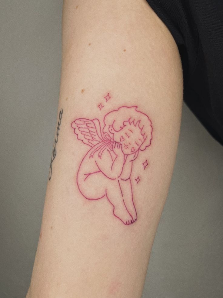 Pink Fine Line Cherub Tattoo Tattoo Design