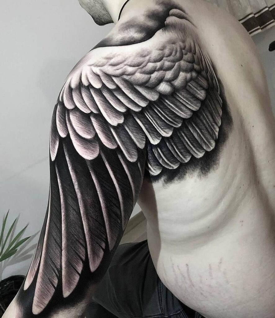 Angel Wing Woman and Rose Arm Tattoo Tattoo Design
