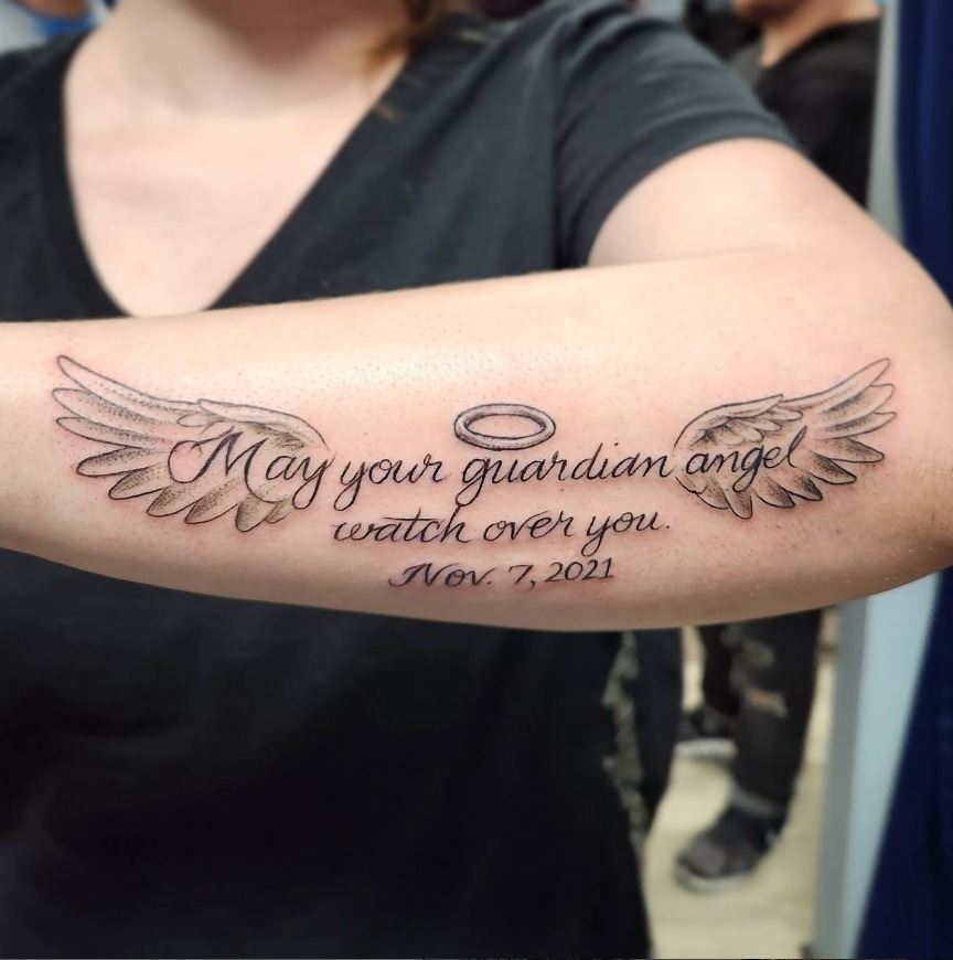 Elegant Angel Wings and Arrow Tattoo on Forearm Tattoo Design