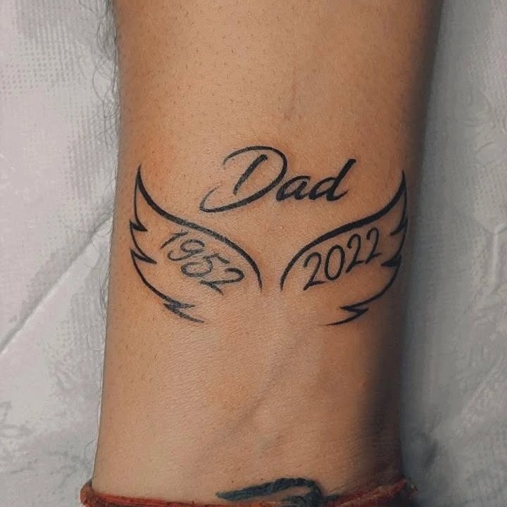 Memorial Angel Wings Neck Tattoo with Date and Halo Tattoo Design