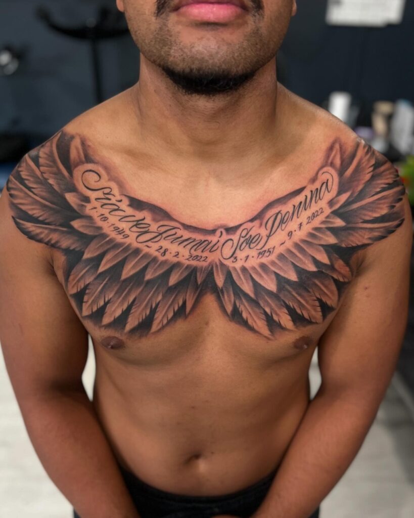 Softly Shaded Neck Angel Wings Tattoo Tattoo Design