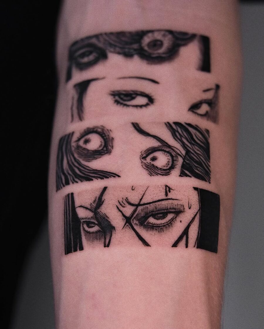 This tattoo features intricate anime eyes in a unique stacked design.