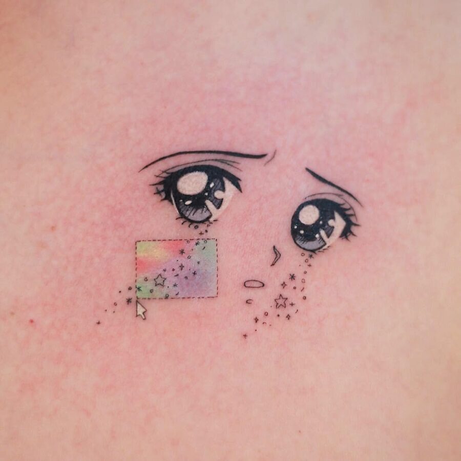 This tattoo features a pair of sad anime eyes, conveying deep emotion.