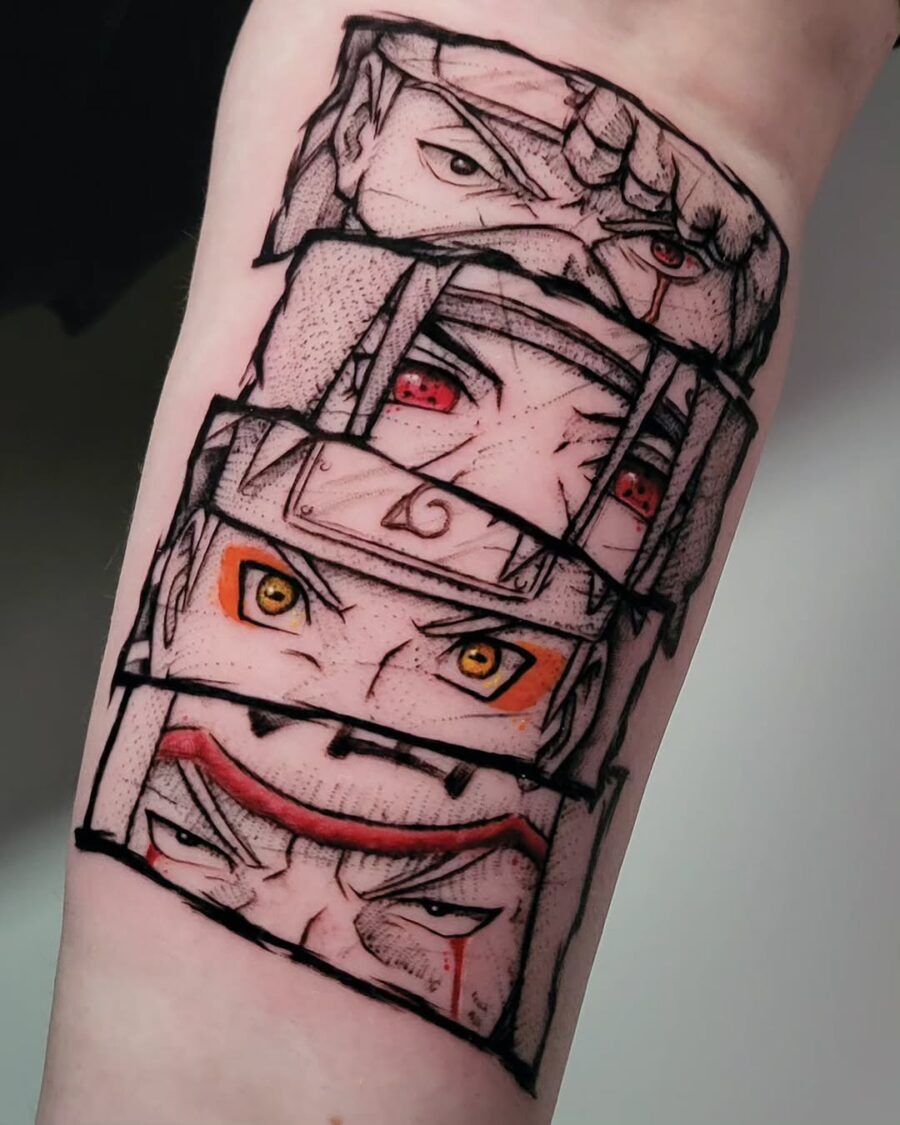 This tattoo showcases four distinct anime characters, each with unique eye expressions.