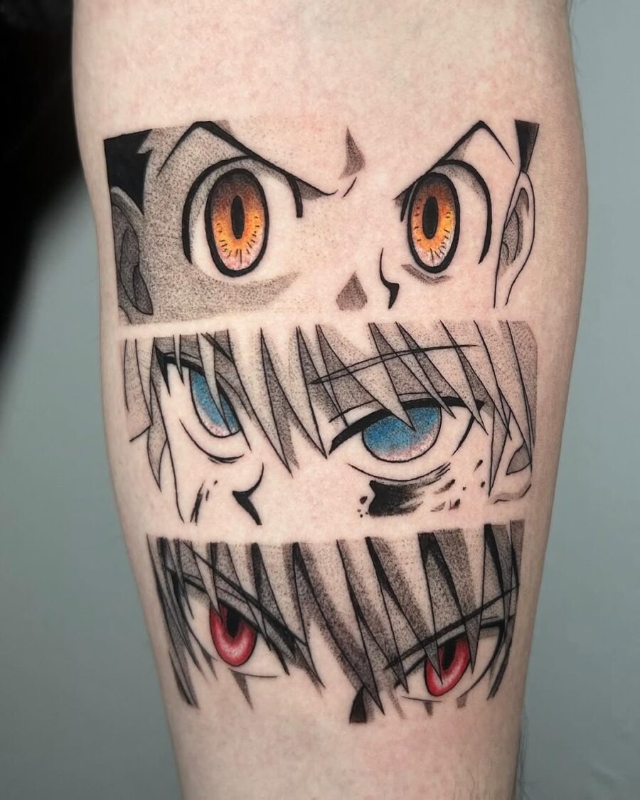 This tattoo showcases a striking blend of anime eyes, capturing intense expressions.
