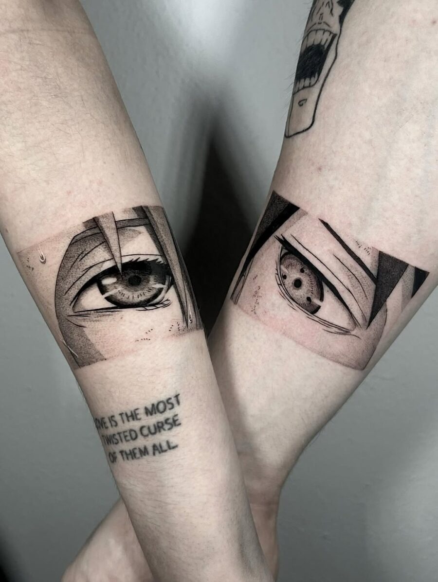 This tattoo showcases two striking anime eyes, framed in a bold style that captures their emotional depth.